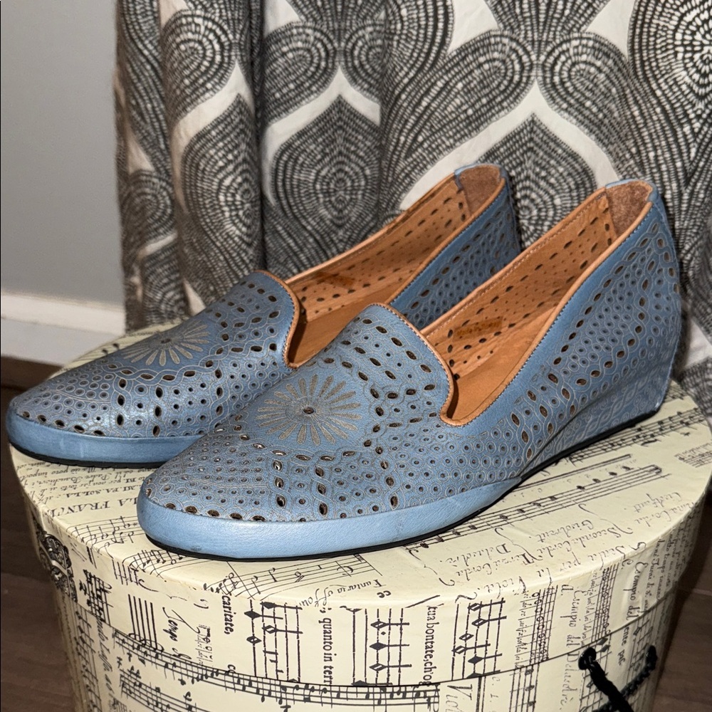Spring Step Light Blue Perforated Leather Wedge Loafers #cottagecore #Coquette